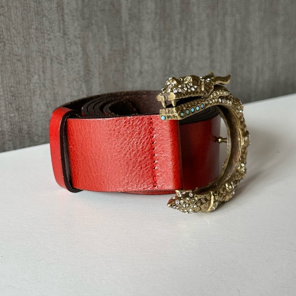 Rare Vintage Roberto Cavalli Red Leather Belt Crystal Turquoise Dragon Large 38 main image 15
